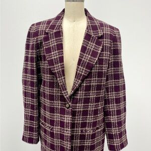 Alfred Dunner Burgundy and Cream Plaid Wool Blazer